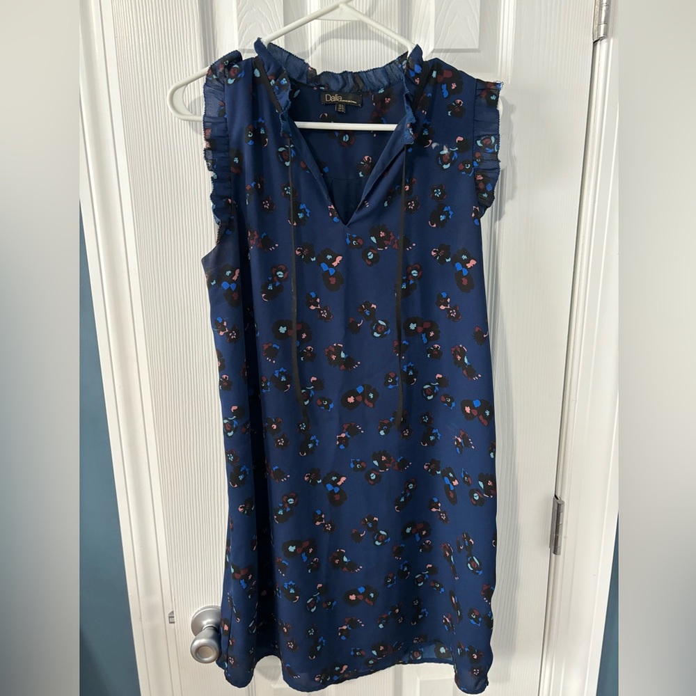 Dalia , blue shift dress,colorful spot pattern, ruffle collar, sleeveless size 8